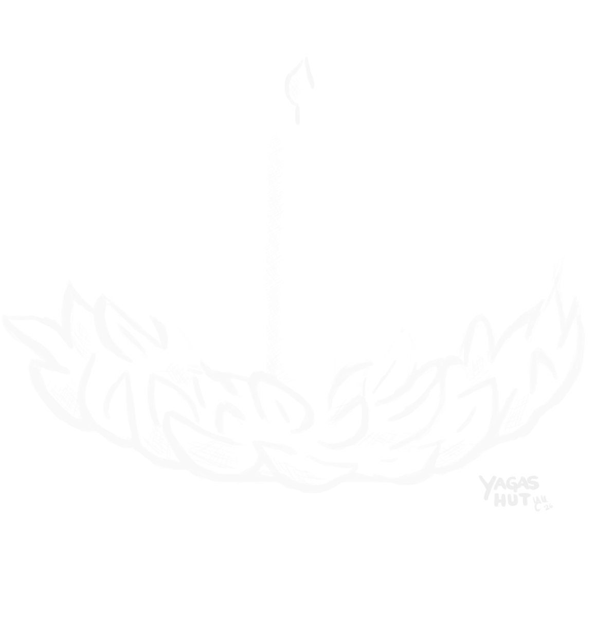Line illustration of a flower wreath with a lit candle set afloat on a river – the traditional Kupala Night ritual performed by young women to divine their fortune in love
